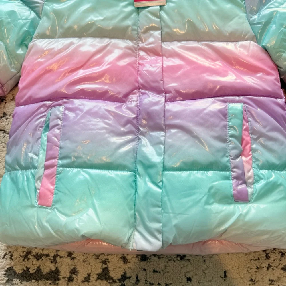 NWT-Girls Justice Sparkle Sherpa Classic Puffer Jacket Faux Fur Hood Sz 5/6 XS